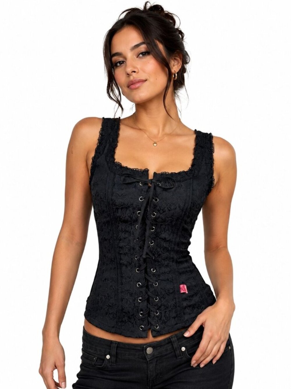 TRIPP NYC Black Lace Corset Top Adjustable Straps Stretchy Boning Zip Back Goth